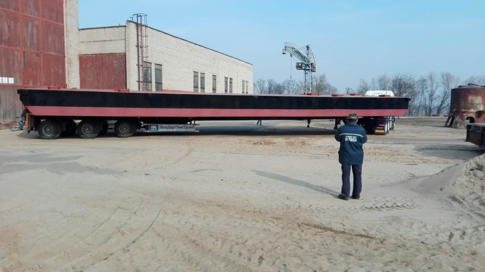 Metal structures of the ferry pontoon in the workshop